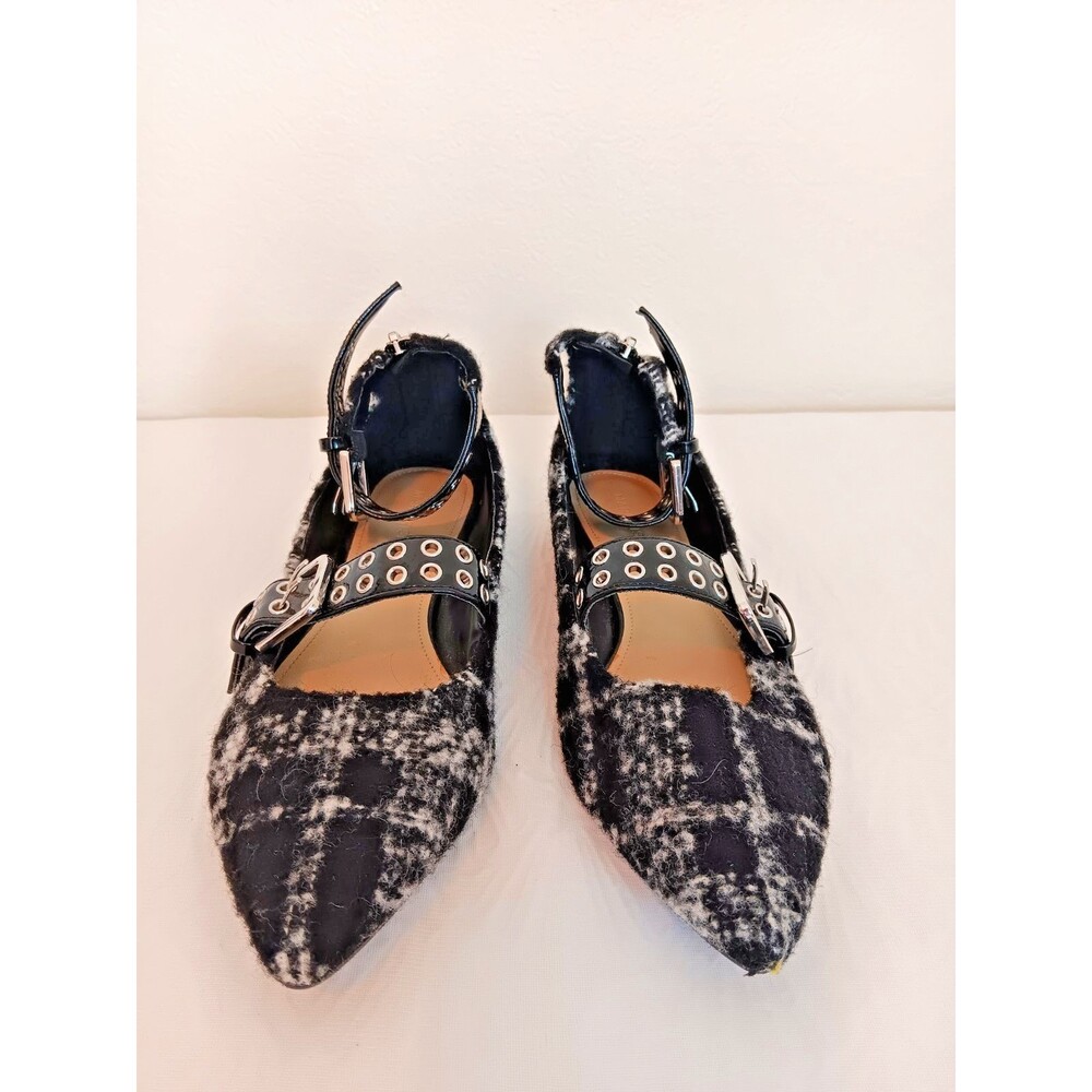 Marc Fisher Plaid Wool Blend Mary Jane Flats Studded Buckle Pointed Toe Size 7.5